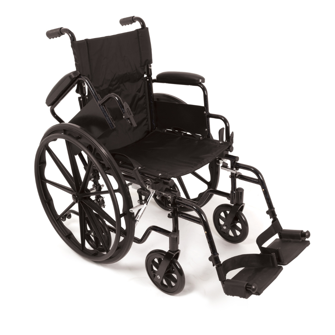 The ProBasics K4 Transformer Hybrid Transport Wheelchair, in black, features large rear wheels, smaller front wheels, armrests, and footrests. It is shown on a white background.